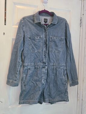 GAP Women's Blue Pinstripe Denim Romper Jacket